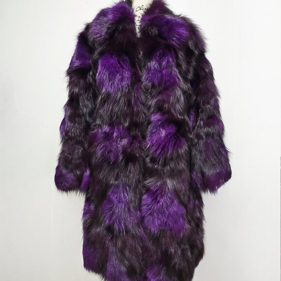 New Real Silver Blue Crystal Fox Fur Overcoat Jacket Stroller Purple Violet Mink